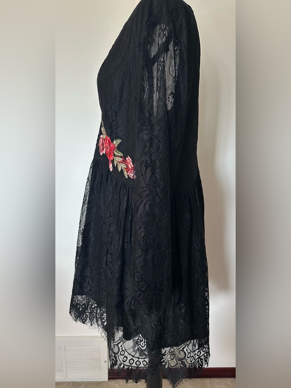 SHEIN Curve Black Lace Witchy Goth Rose Embroidered Dress Long Sleeve Coquette - Picture 7 of 14